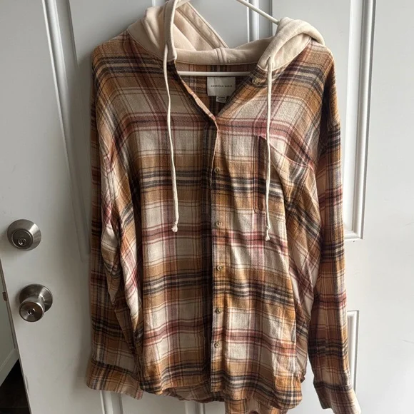 American Eagle Tan Rust Navy Plaid Hooded Button-Up - Picture 1 of 2